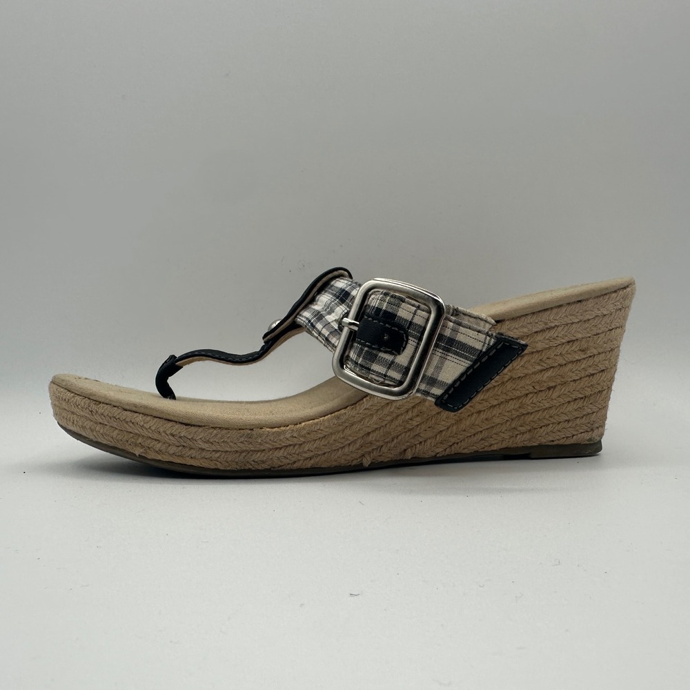 Dexter Wedge Sandals Womens 8 Black White Plaid Buckle Espadrille Jute Summer